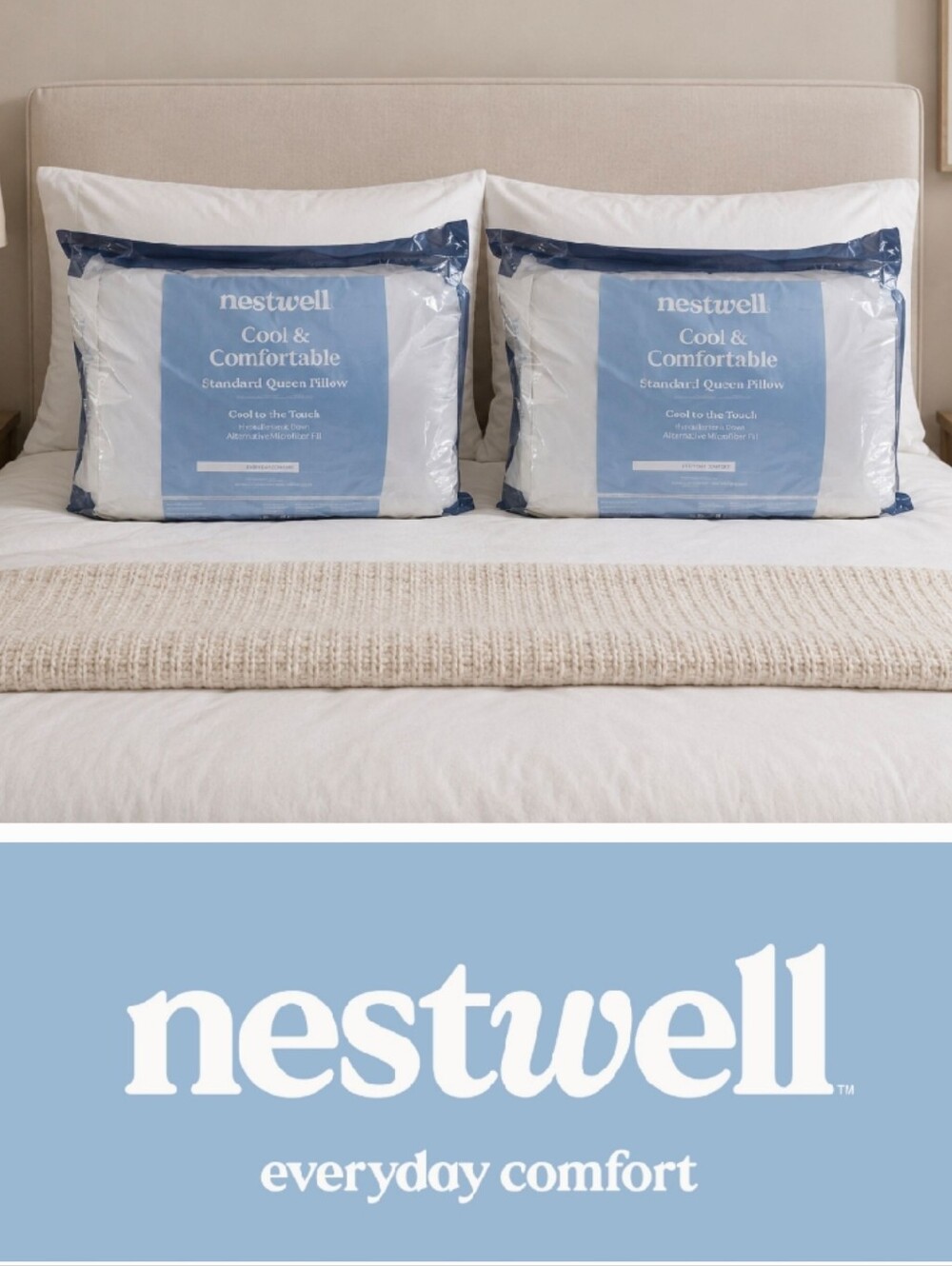 Brand New Nestwell Cool & Comfortable Standard Queen Pillow - White (Set of 2)